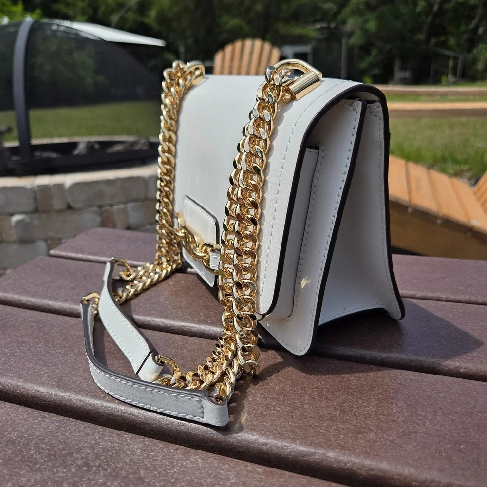 Michael Kors White Heather Logo Crossbody Bag Gold Chunky Chain Hardware - Picture 6 of 16